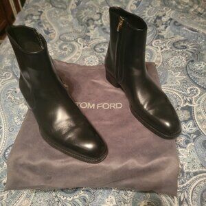 Tom Ford Boots Mens Size 8 Burnished Black Calf Leather Elkan Brass Zipper